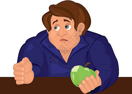 卡通伤感的可怜男人 蓝色上衣和苹果背景图片