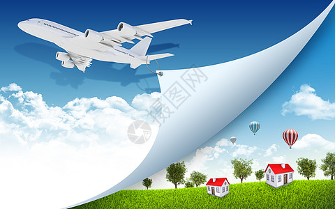 带有自然景观和房屋的飞机蓝色速度土地喷射涡轮气球商业客机交通机器图片