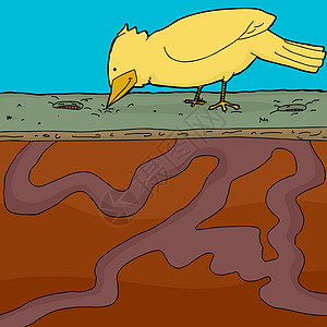 黄色卡通鸭子群虫子群剪贴黄色地面图层手绘隧道土壤卡通片打猎插图背景
