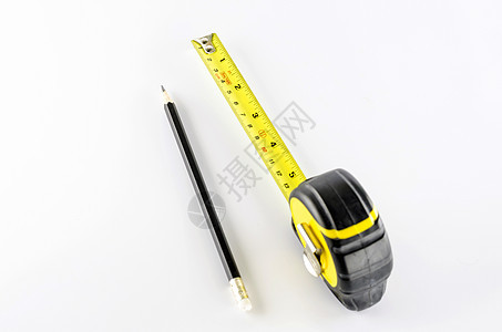 带铅笔的胶带建筑学工作作坊职业维修测量数字磁带工人黄色图片