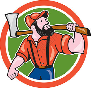 伐木工人拿着斧头圆卡通男性农业肩膀圆圈插图卡通片艺术品记录器男人锯工背景图片