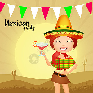 墨西哥政党菜单庆典沙漠女孩派对卡通片插图明信片嘉年华微笑背景图片