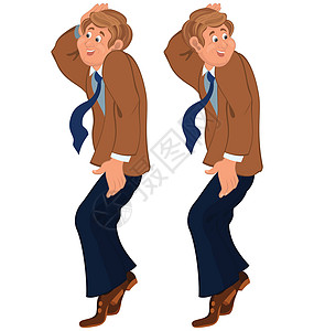 快乐的卡通男子站在脚尖上 棕色夹克和领带图片
