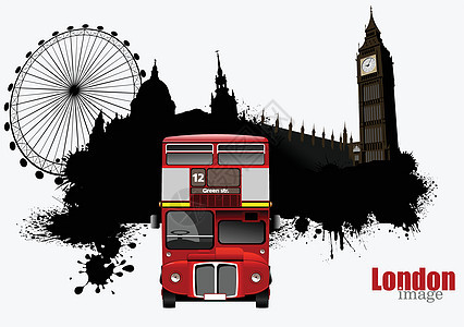 配有公共汽车图像的伦敦Grunge图像印迹红色运输旅游车辆甲板蓝色剪影旅行全景图片