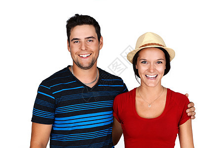 快乐的年轻夫妇微笑女孩裙子棕色喜悦蓝色二人组稻草男生成人图片