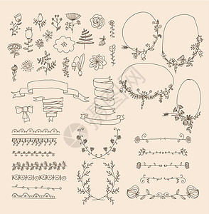 一大套花丛图形设计元素框架黑板仪式桂冠叶子装饰品花圈丝带卡片粉笔图片