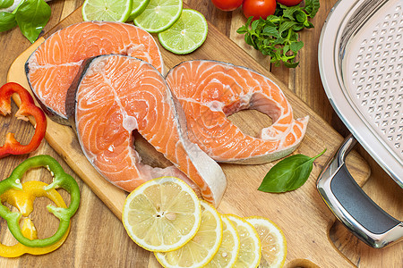 新鲜鲑鱼水果荒野产品海鲜烹饪寿司美食韭葱橙子鳟鱼图片
