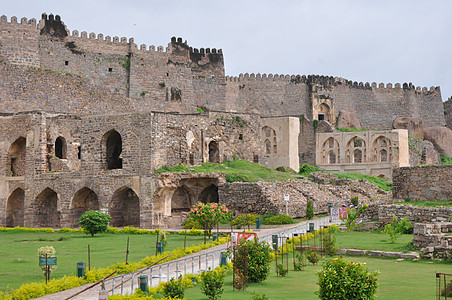 印度海得拉巴酸橙城市建筑学废墟堡垒城堡全景大亨石头背景图片