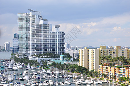 佛罗里达州迈阿密奢华旅行市中心摩天大楼景观树木全景日出城市阳光图片