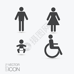 矢量卫生间图标 女士 男子 儿童和残疾洗手间排尿厕所民众男生女孩艺术标签轮椅夫妻图片