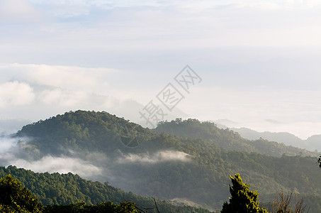 清晨云层的风景 浮云在波罗里耶拉上空天气森林天空顶峰薄雾场景热带爬坡阴霾景点图片