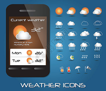 用于网络和移动矢量的一套气象图标温度计太阳蓝色电脑下载闪电天空气候下雨技术图片