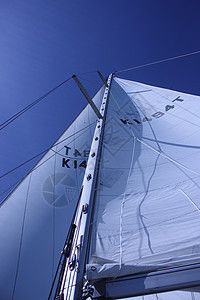 从下面的甲板上看到游艇帆和护航钻机运动白色航行索具帆船风帆天空桅杆波浪背景图片