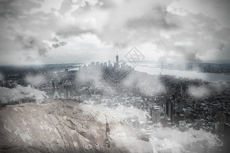 大岩石俯视着雾雾城市插图环境薄雾绘图计算机石头多云摩天大楼建筑景观图片