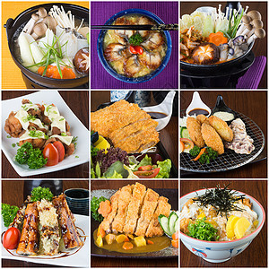 日语背景的日本食品拼贴红色海鲜绿色美食白色健康盘子食物面条寿司图片