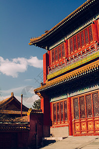 紫禁城贵族红色生物蓝色雕塑黄色栏杆天空木头文化背景图片