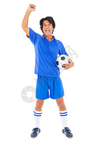 蓝调足球运动员庆祝大赛胜利欢呼齿轮快乐欣快感世界成功微笑团队优胜者运动服图片