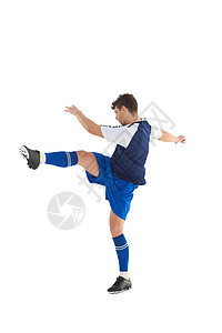 蓝球球踢足球运动员杯子竞技闲暇齿轮播放器男性球衣蓝色运动服世界背景图片