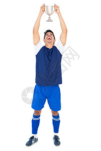 蓝杯足球运动员 优胜者杯欢呼男性幸福齿轮欣快感运动服蓝色活动杯子快乐图片