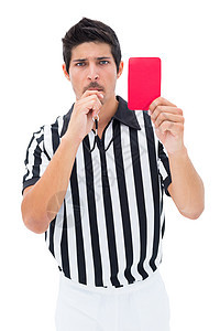 显示红卡的严肃裁判男人足球制服红牌惩罚男性犯规体育权威运动图片