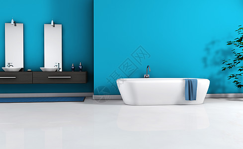 现代洗手间蓝色浴缸毛巾用品镜子地面住宅家具洗漱房地产图片