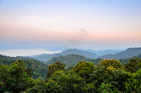 清晨高山阳光薄雾日落天空森林风景角度图片