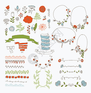 一大套花丛图形设计元素丝带桂冠横幅粉笔叶子漩涡艺术仪式黑板剪贴簿图片