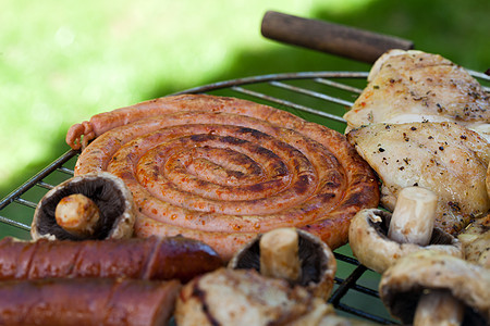 在烤架上用美味的烤肉烧烤美食架子食谱野餐派对牛肉腰肉牛扒猪肉家禽图片