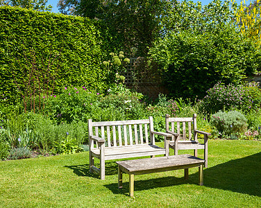 花园长椅阳光桌子家具英语院子公园后院座位闲暇树篱图片