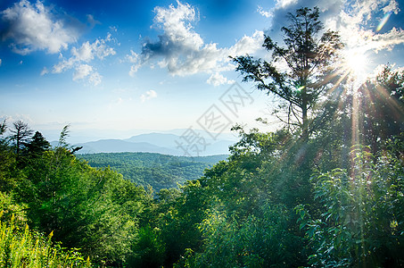 蓝海山上空的日出 景色高视风景崎岖白边数控戏剧性薄雾树叶阴霾地平线日落图片