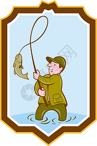 鱼盾牌上飞渔鱼  卡通艺术品卷轴钓鱼插图卡通片飞鱼波峰娱乐男人男性背景图片
