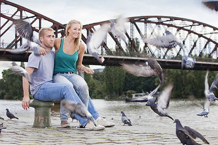 夫妇喂养鸟乐趣天空微笑食物女孩女士夫妻女性男人鸽子图片