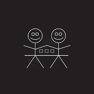 两个带房屋财产商业标识的快乐棍头数字助手家庭男人插图房子烟囱夫妻窗户小屋打扫图片
