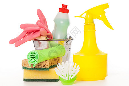 木制桌子上亮彩色清洁布置工作清洁工擦洗洗涤房子团体液体手套打扫消毒剂图片