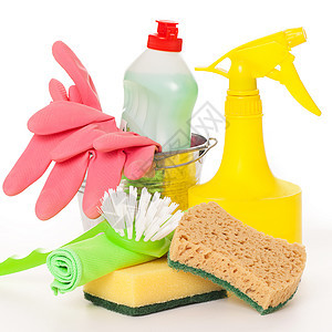 背景的明亮彩色清洁套件瓶子打扫刷子家庭织物工作家政塑料洗涤手套图片