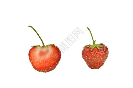 两只新摘的草莓工作室白色叶子浆果红色食物美食水果活力宏观背景图片