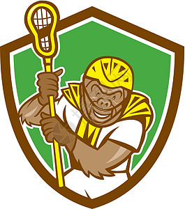 大猩猩拉曲棍球运动者盾牌卡通波峰灵长类插图运动运动员动物玩家艺术品野生动物头盔图片