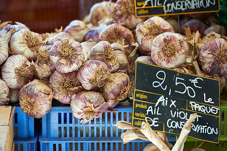 在普罗旺斯法国出售的大蒜农作物市场紫色农民销售园艺蔬菜图片