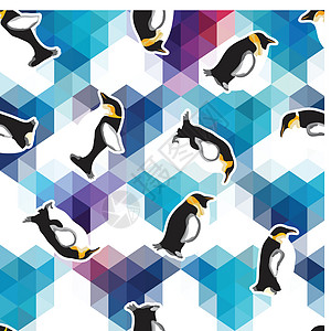 带企鹅的抽象蓝晶冰背景 无缝模式 用作表面纹理横幅马赛克绘画圆圈野生动物艺术阴影数字化动物墙纸图片