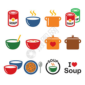 碗 罐和锅中的汤汁 食物图标集圆圈食谱勺子餐厅菜单盘子插图味道蔬菜起动机图片