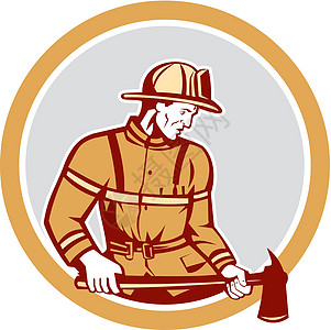 持有消防轴心圈的消防消防员艺术品急救员帽子男性工人男人插图头盔斧头圆圈图片