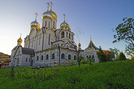 莫斯科女神修道院圣母降生教堂Vi反射诞生建筑城市圣母地标大教堂草地教会蓝色图片