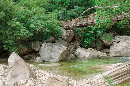 山河上的铁桥绿色植物建筑海岸森林松树休息石头岩石天空图片