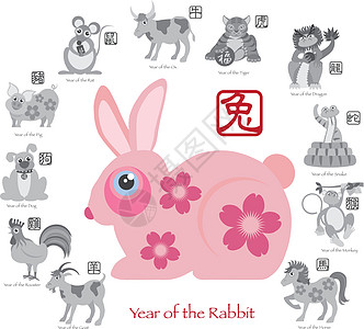 中国新年兔子彩色 带12个黄形插画