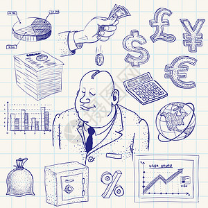 金融财务计算机硬币地球收藏纸币人士计算器投资涂鸦图片