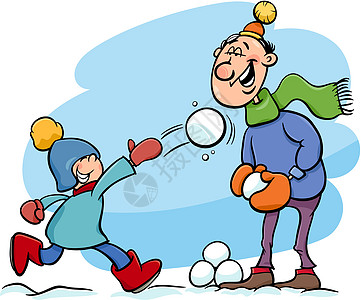 冬季卡通片上的爸爸和儿子孩子们漫画乐趣男生童年绘画围巾雪球家庭快乐图片