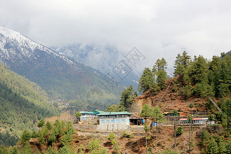 尼泊尔喜马拉雅山上云层移动的动向山脉冰川天空薄雾全景蓝色白色顶峰旅行图片