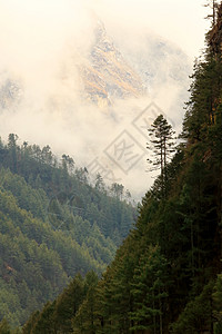 尼泊尔喜马拉雅山上云层移动的动向蓝色薄雾顶峰冰川天空白色全景山脉旅行图片