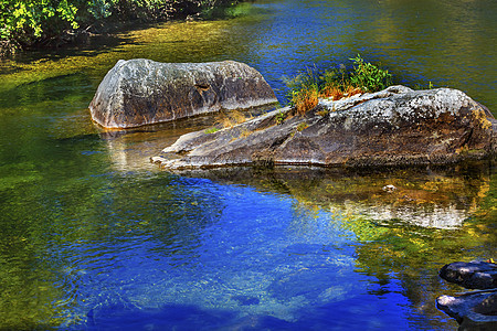 华盛顿Wenatchee河夏季颜色反射蓝色绿色树木岩石叶子树叶乡村场景溪流森林图片