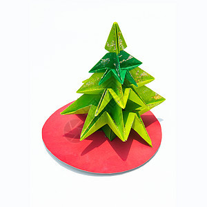绿色折纸圣诞树红色手工背景图片